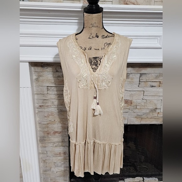 POL super soft tan boho embroidered floral peasant tunic dress size large new!!! - Picture 1 of 7